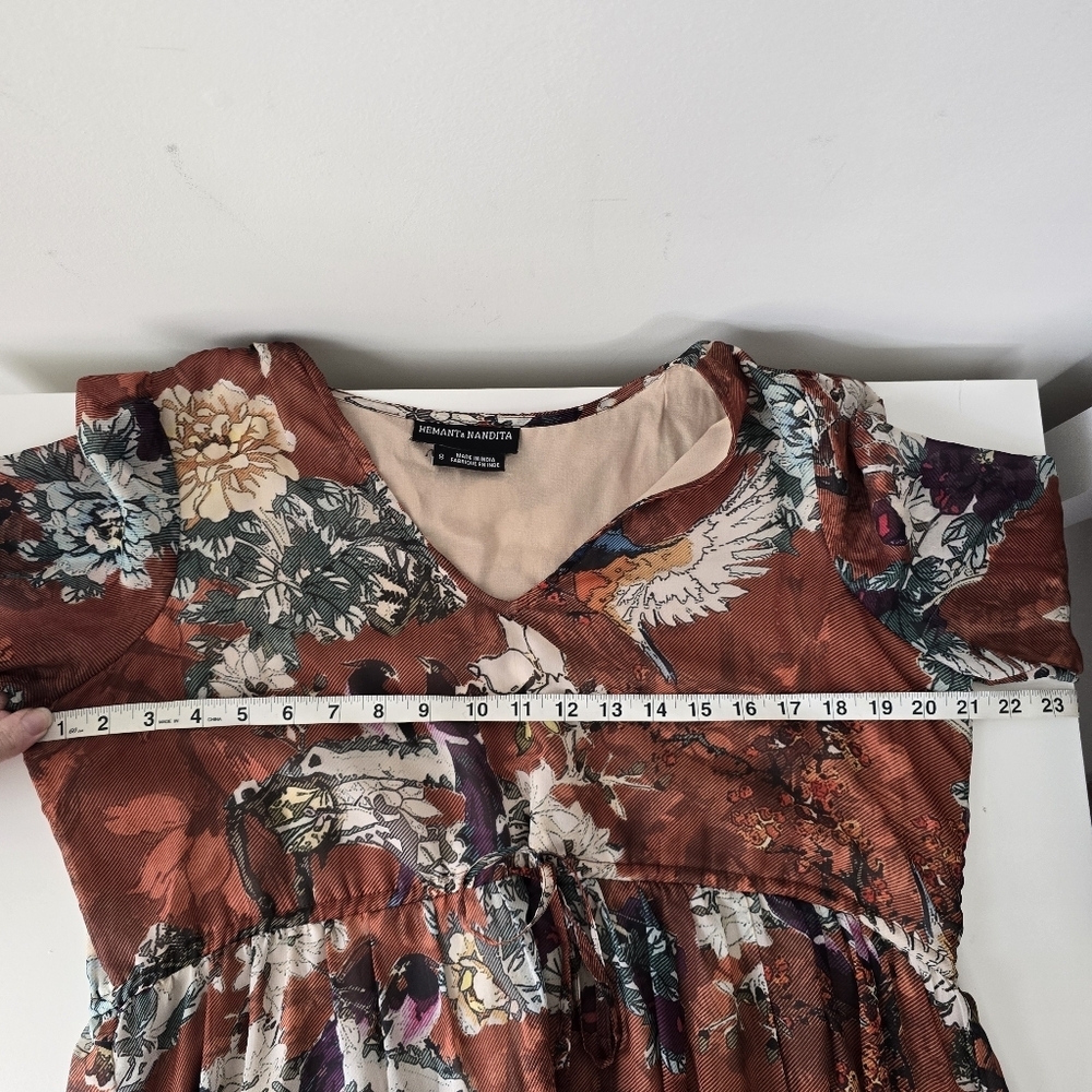 Hemant & Nandita Zeri Tiered Floral Bird Print Peasant Dress 8 Ruffle Sleeves - Picture 9 of 14